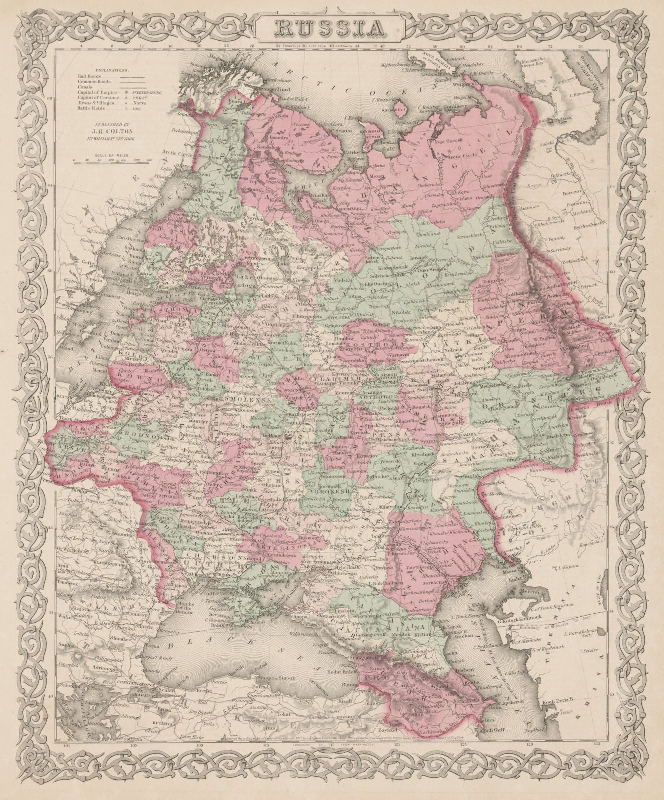 European Russia. Decorative antique map. COLTON 1863 old chart